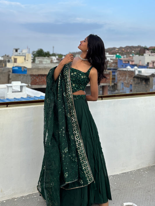Bottle green corset-Lehenga set
