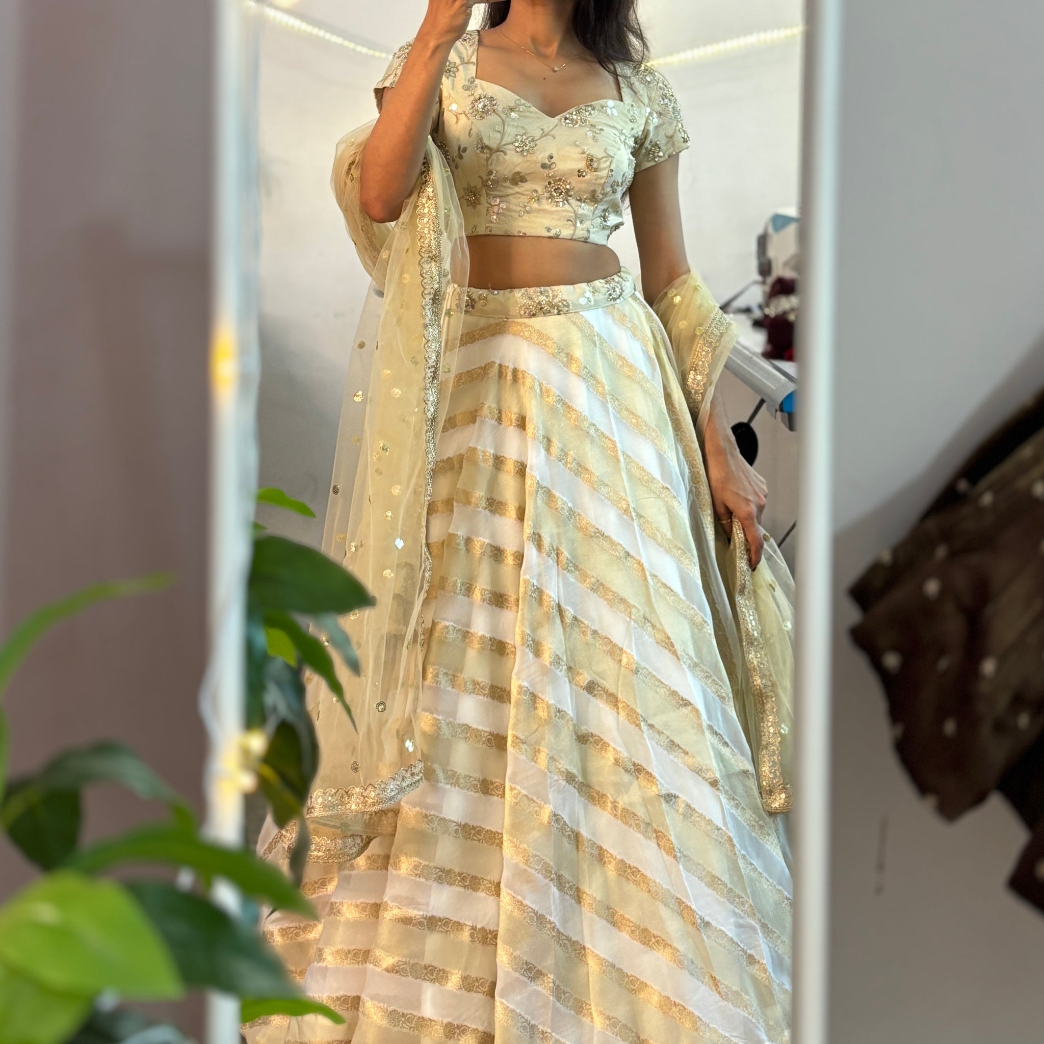 Ivory tissue-organza lehenga set