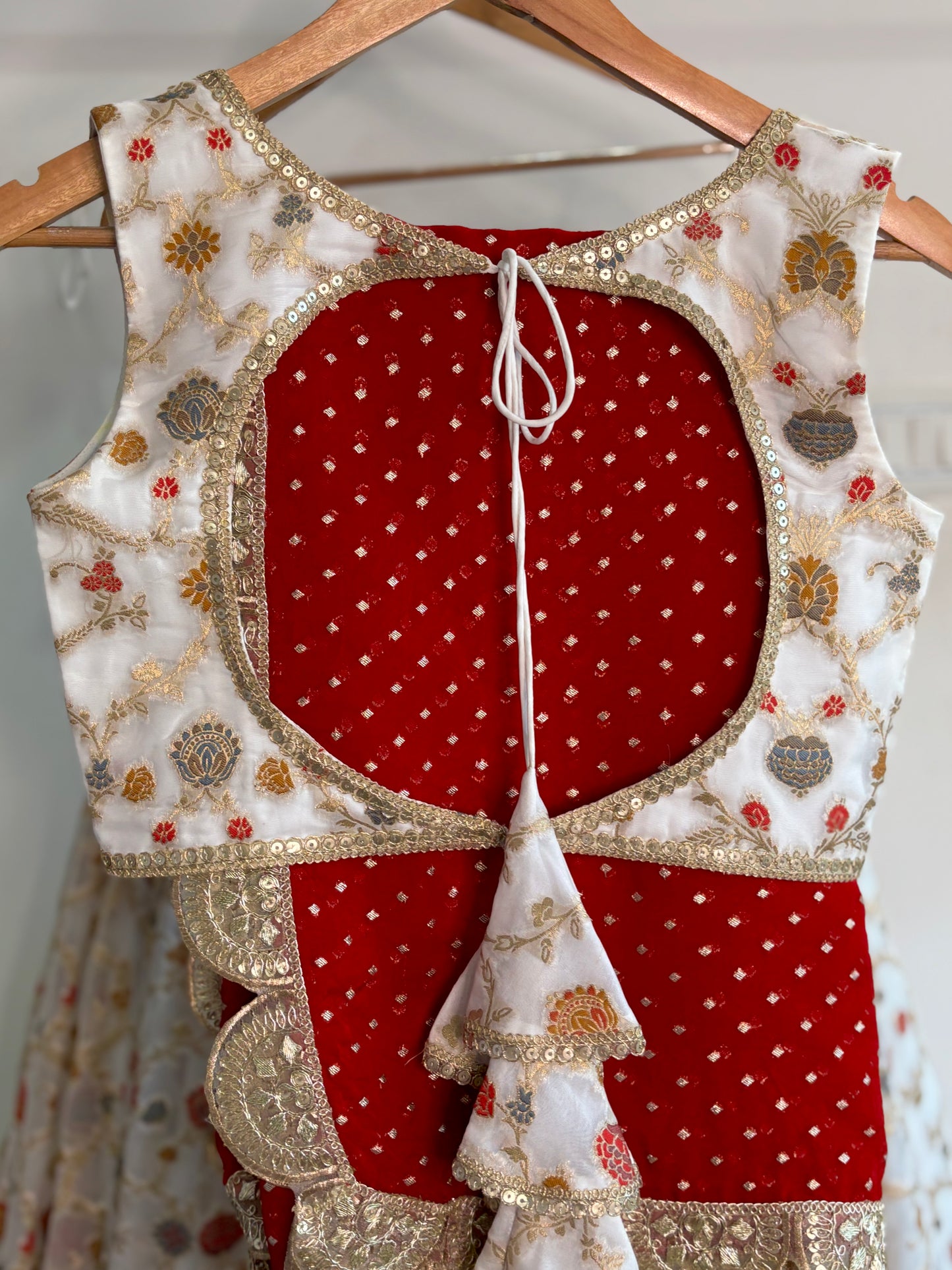 White floral organza lehenga set with red dupatta
