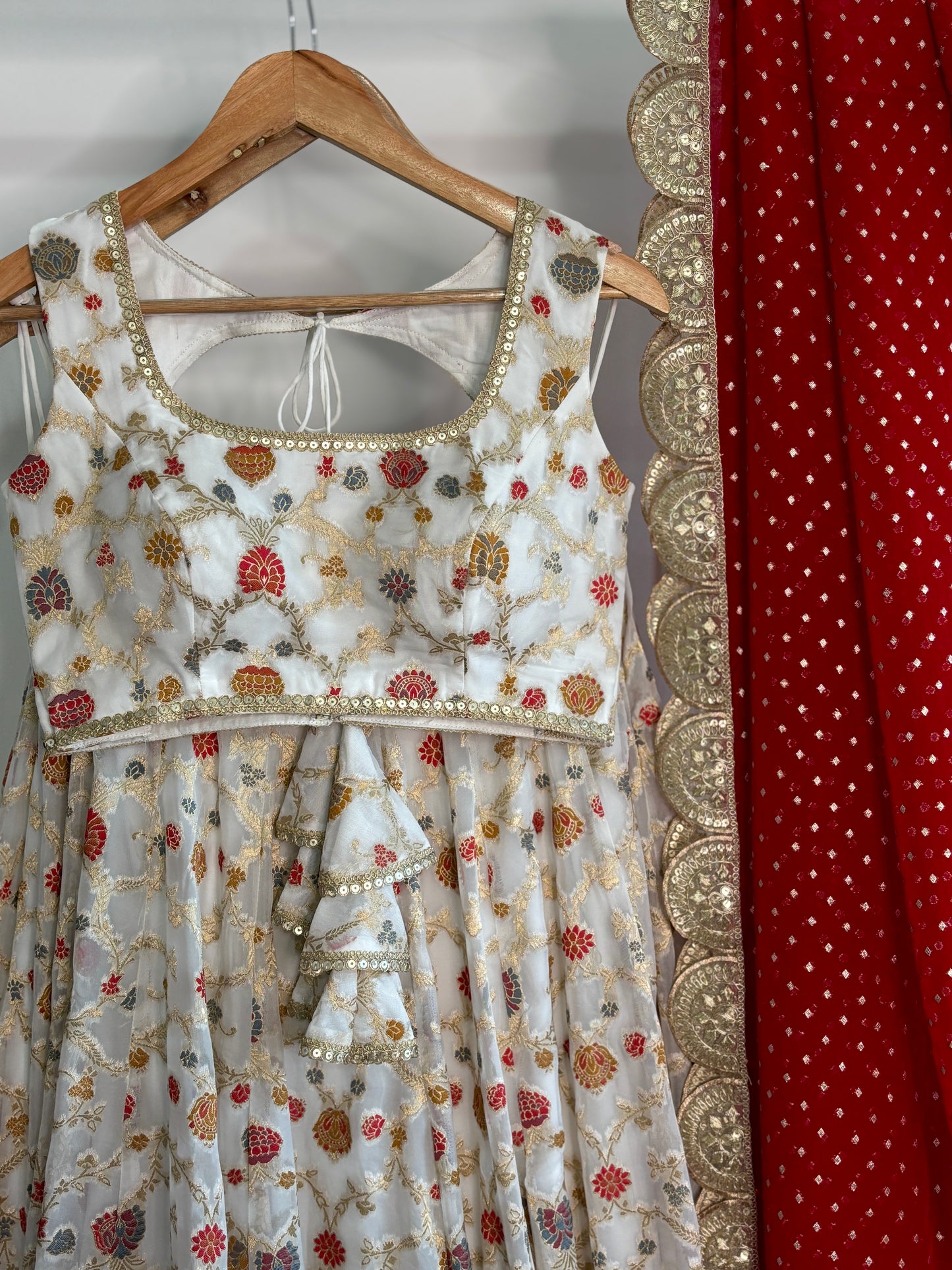 White floral organza lehenga set with red dupatta