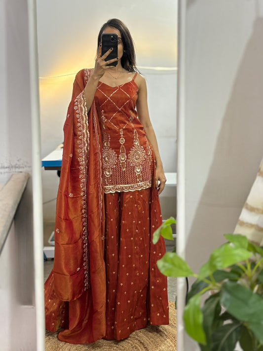 Rust orange tissue heavy work kurta palazzo set
