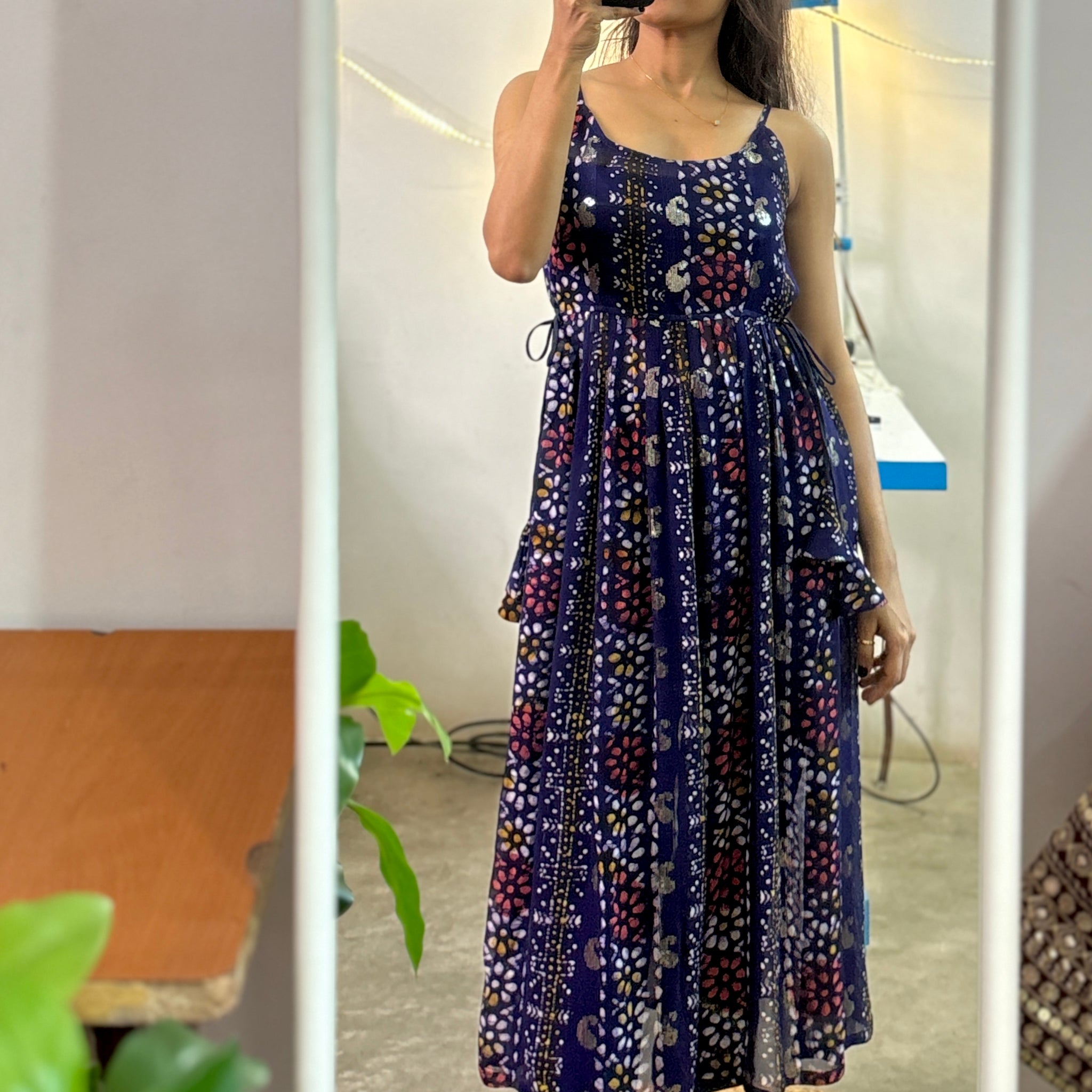 Navy blue batik print and sequinned kurta set