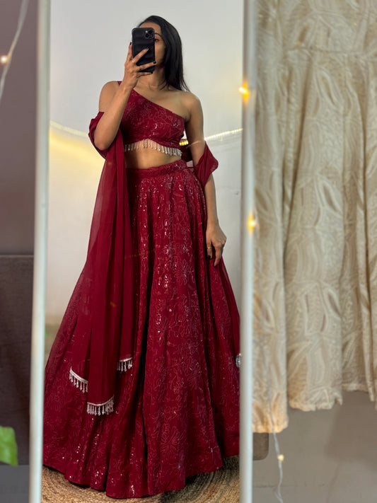Zara maroon one-shoulder lehenga set