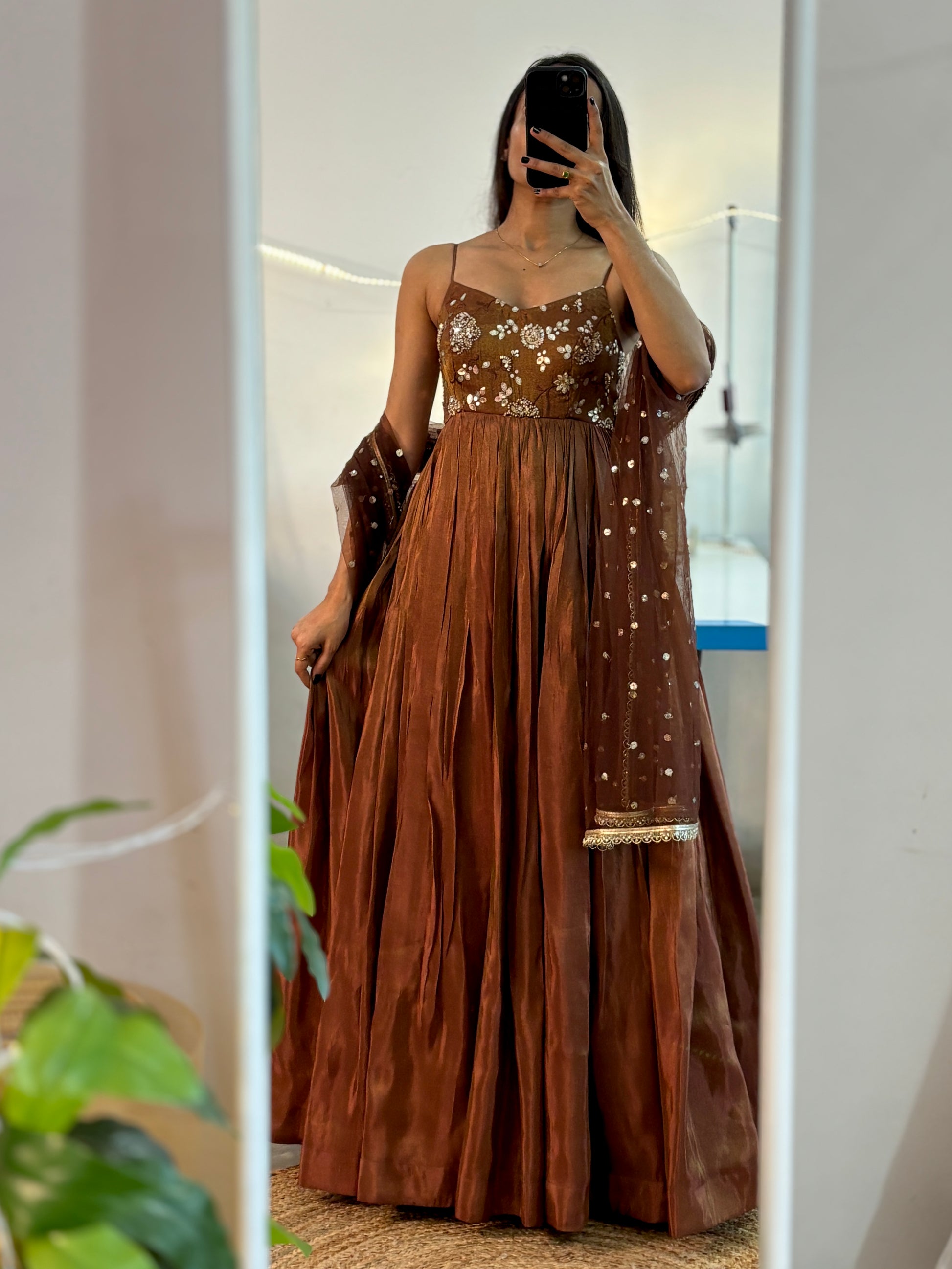Golden brown tissue, long Anarkali with Duppatta LabelSeam Golden brown tissue, long Anarkali with Duppatta LabelSeam