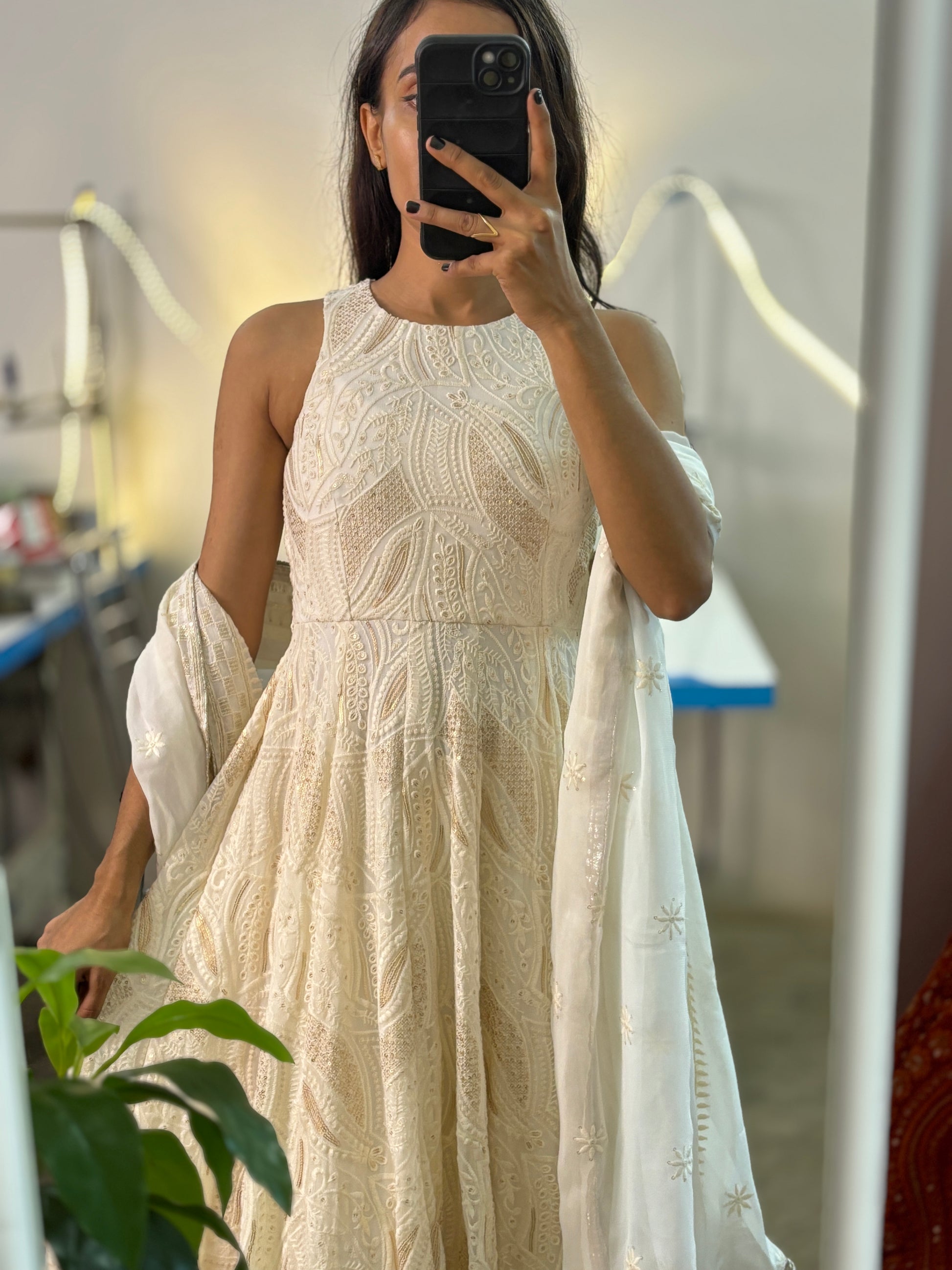 Off-white embroidered halter neck Anarkali set Off-white embroidered halter neck Anarkali set