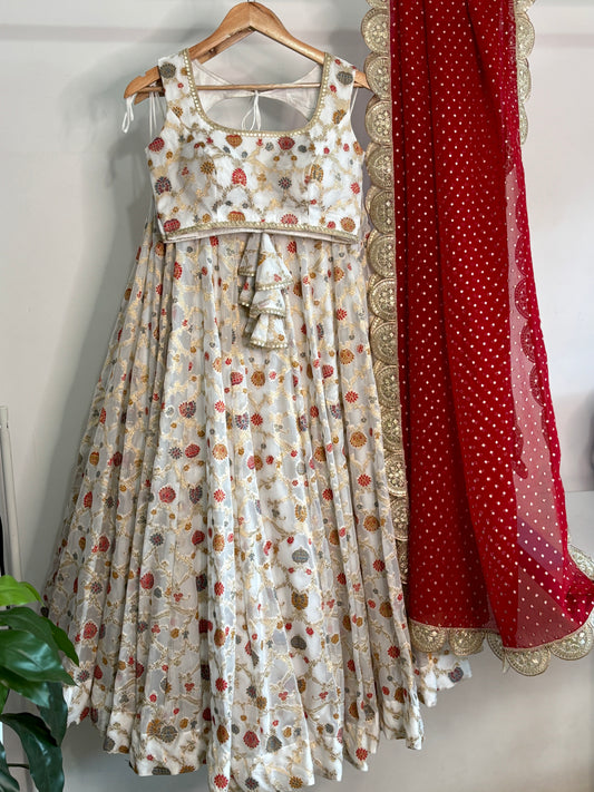 White floral organza lehenga set with red dupatta