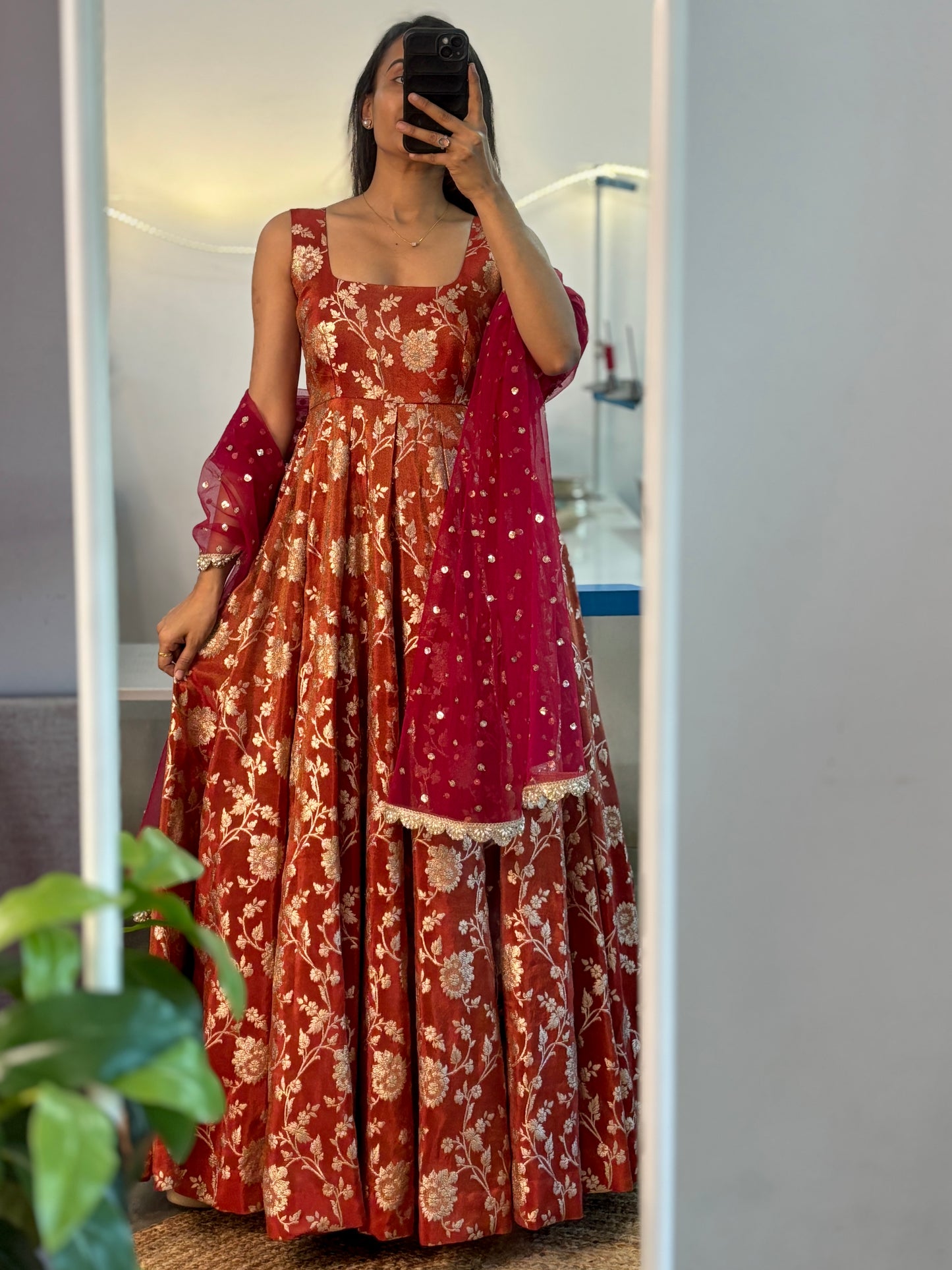 long orange anarkali dress Libas Art Orange Woven Design Silk Blend Anarkali Suit Set With Dupatta