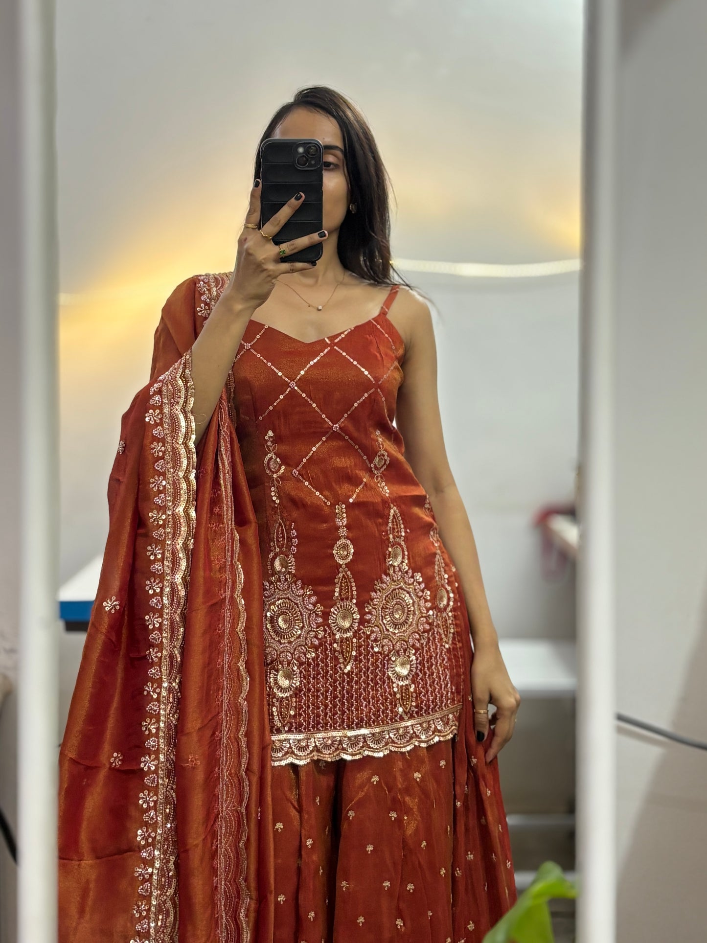 Rust orange tissue heavy work kurta palazzo set
