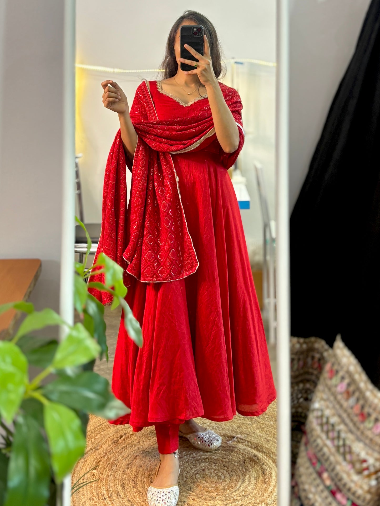 Red Chanderi Anarkali, with heavy embroidered dupatta
