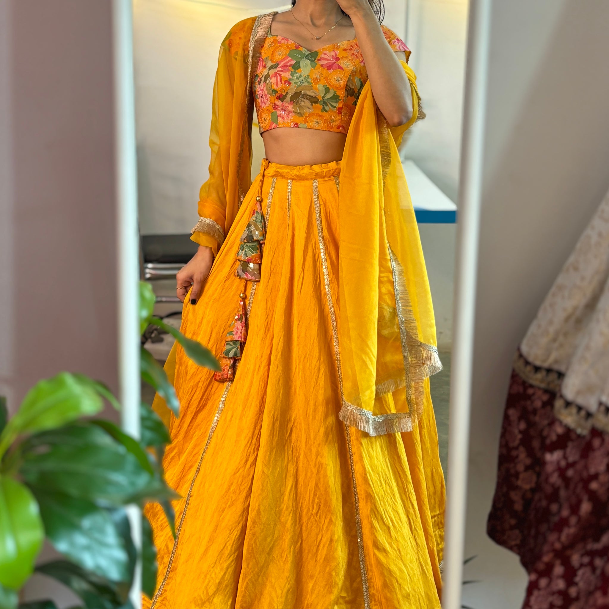 Yellow chanderi lehenga set with floral sequin work blouse