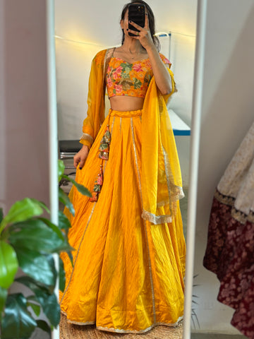 Yellow chanderi lehenga set with floral sequin work blouse