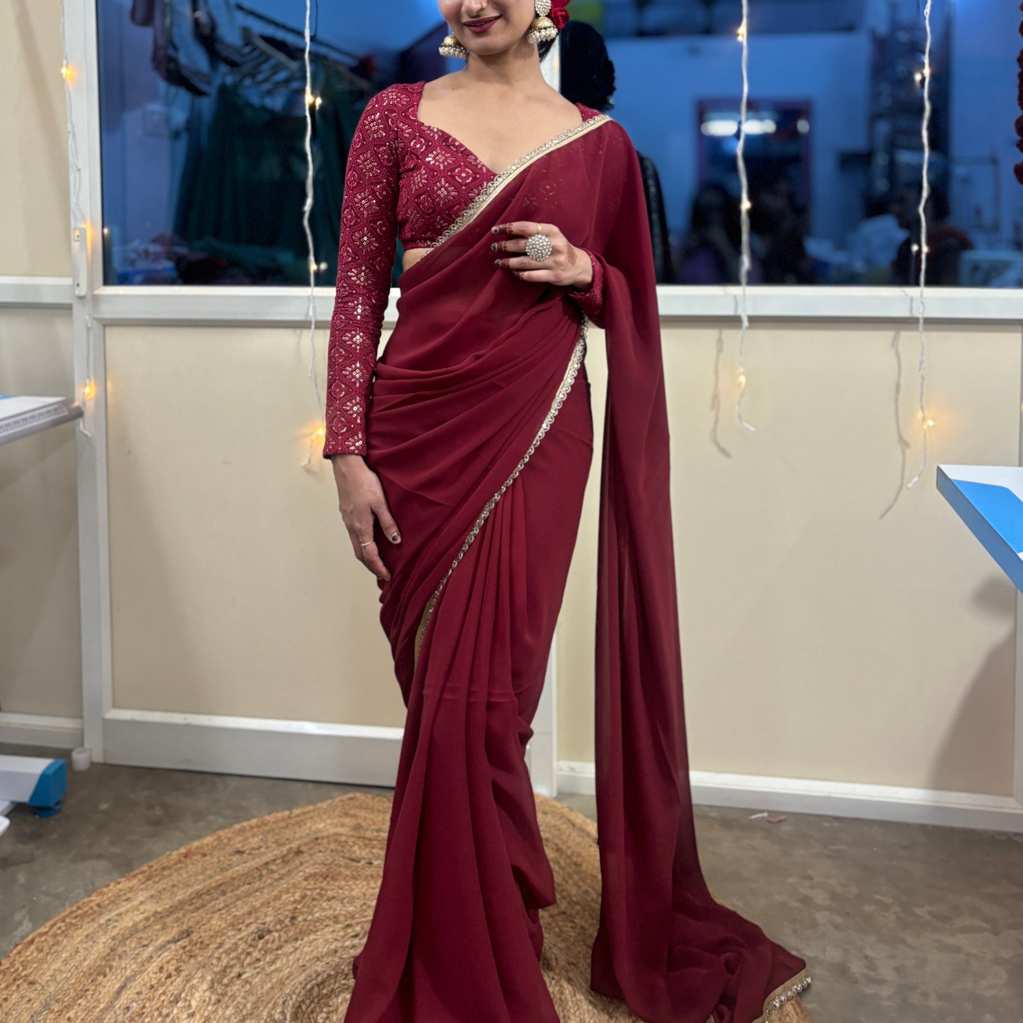 Maroon Georgette predraped saree