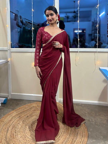 Maroon Georgette predraped saree