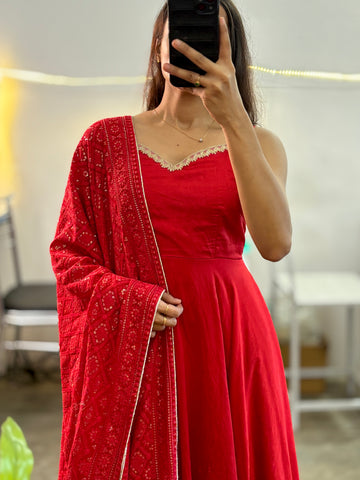 Red Chanderi Anarkali, with heavy embroidered dupatta