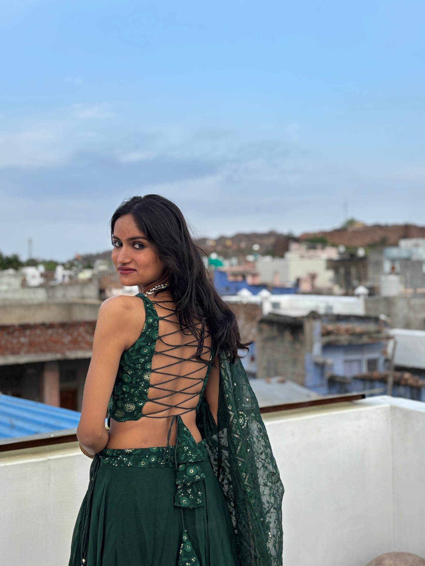 Bottle green corset-Lehenga set
