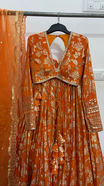 Rust orange Banarasi lehenga set