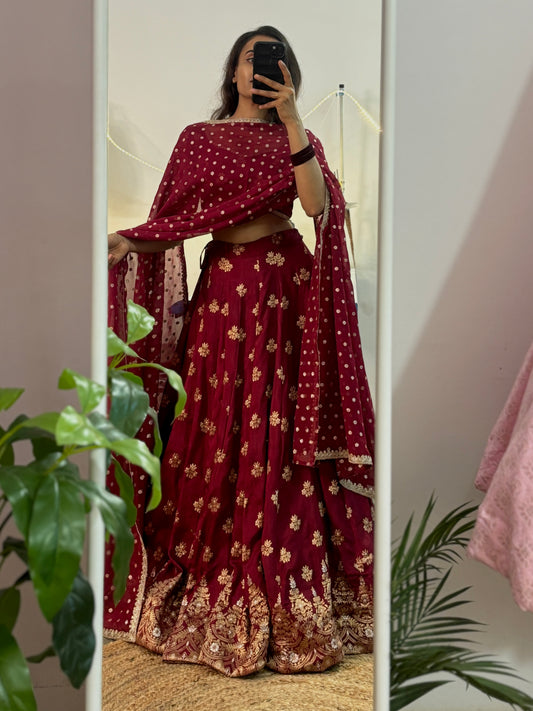 Maroon pure dola silk lehenga set