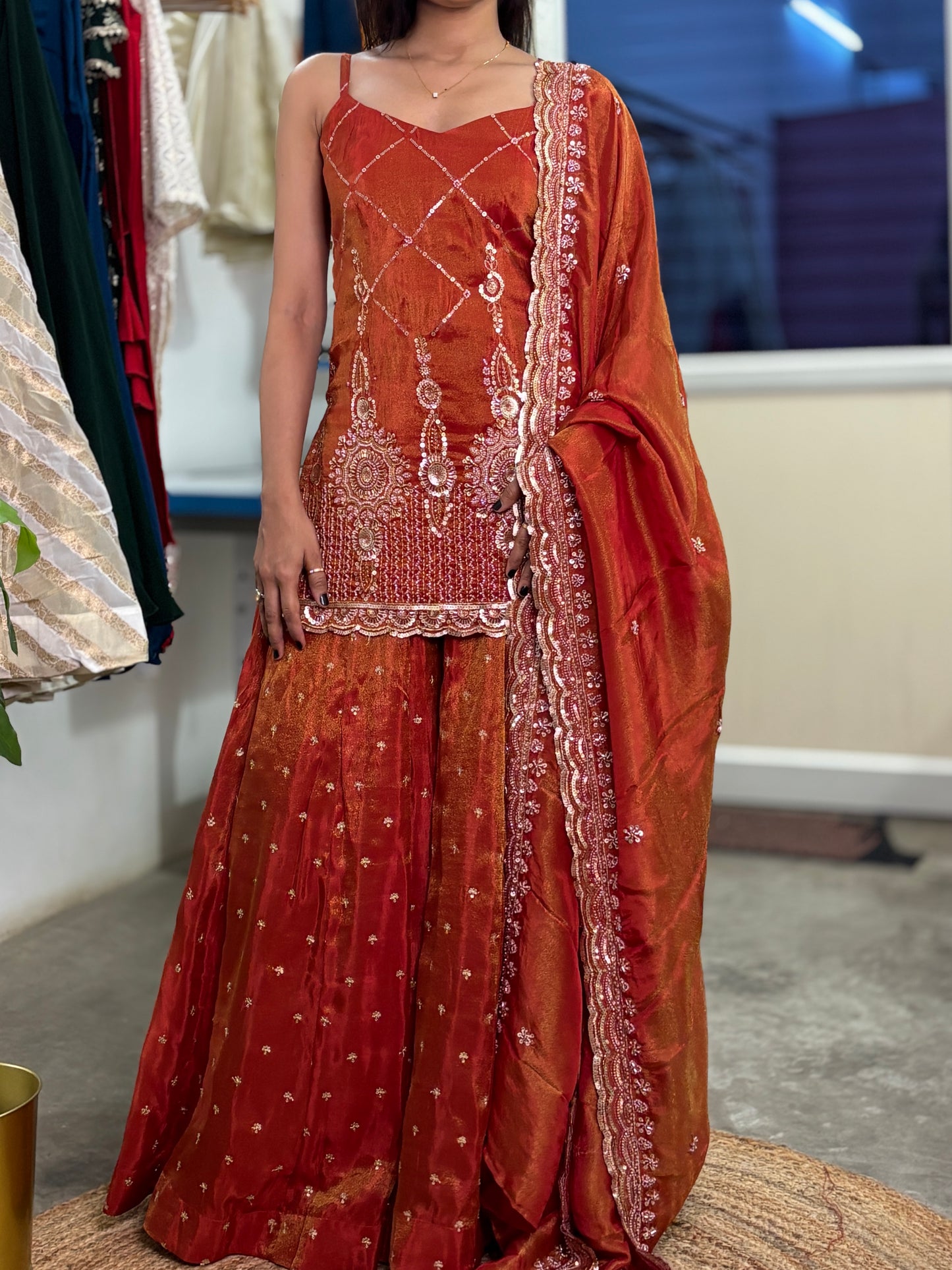 Rust orange tissue heavy work kurta palazzo set