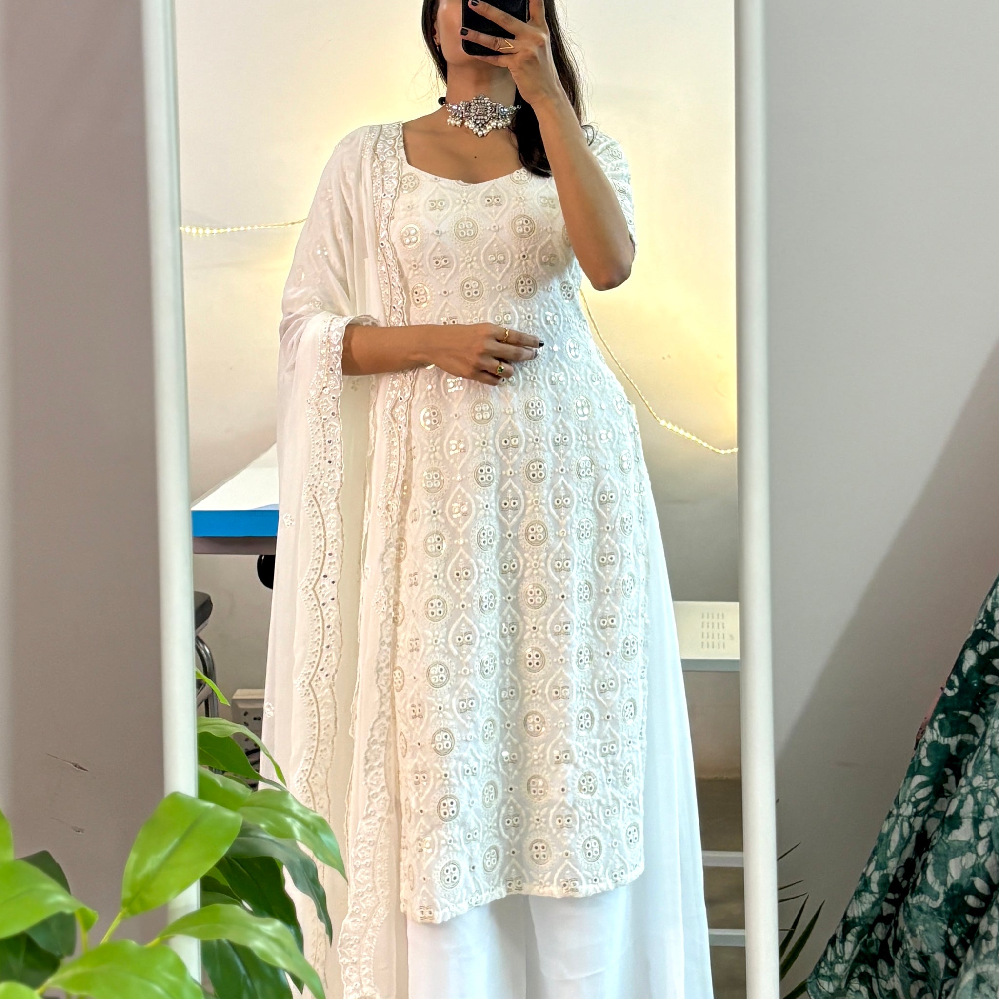 White embroidered kurta palazzo set