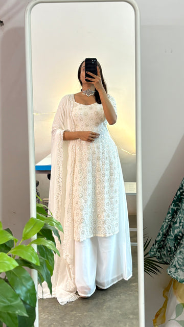 White embroidered kurta palazzo set