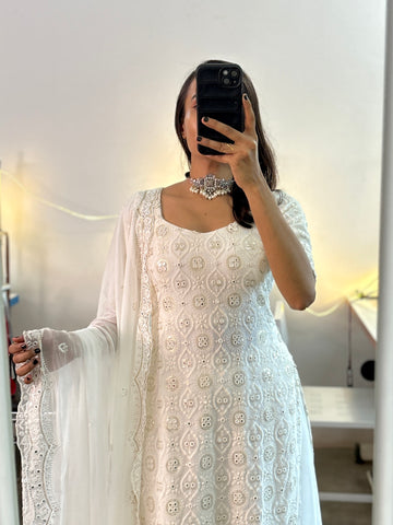 White embroidered kurta palazzo set