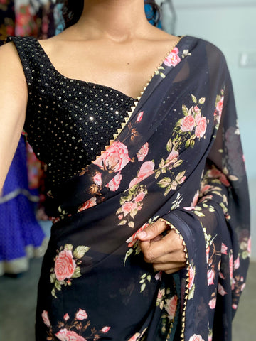 Black floral printed predraped saree