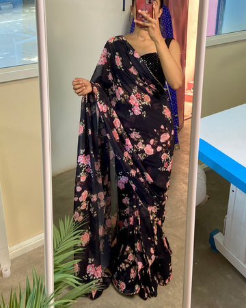 Black floral printed predraped saree