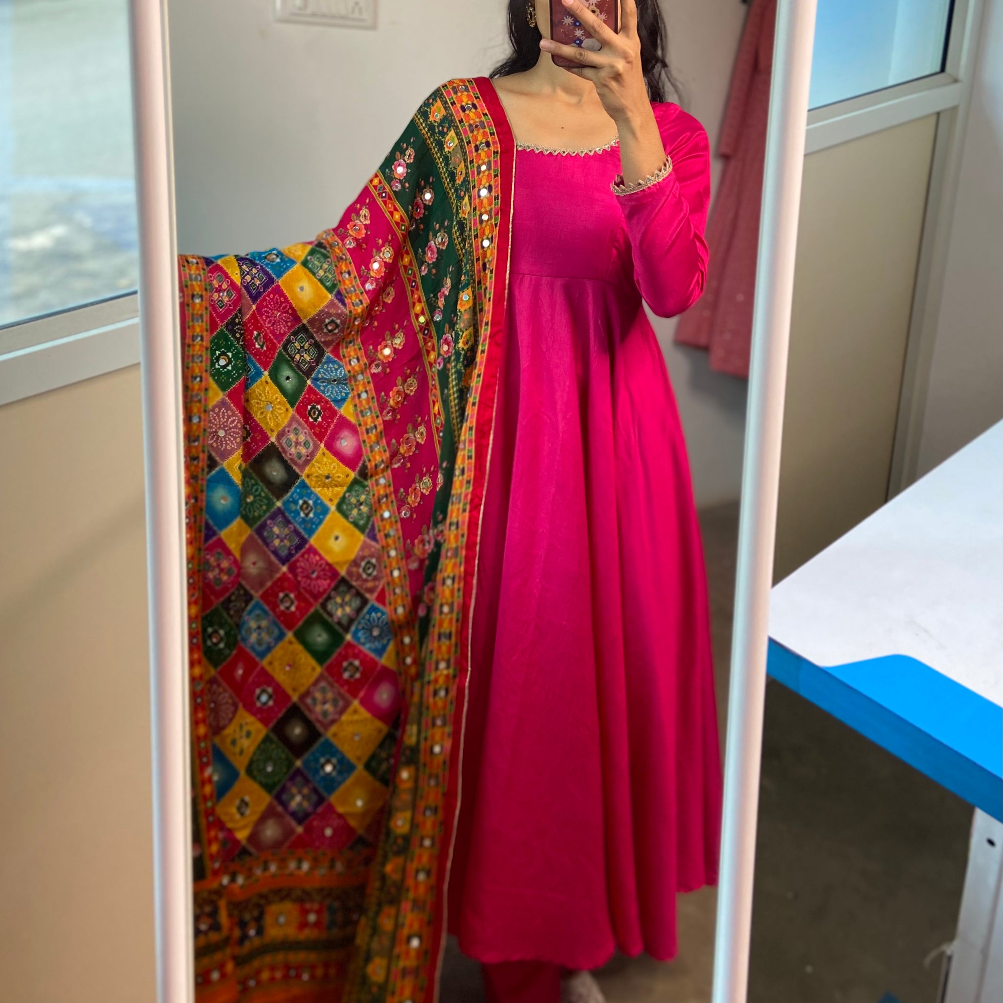 Pink chanderi Anarkali with multicolour duppatta set