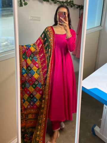 Pink chanderi Anarkali with multicolour duppatta set