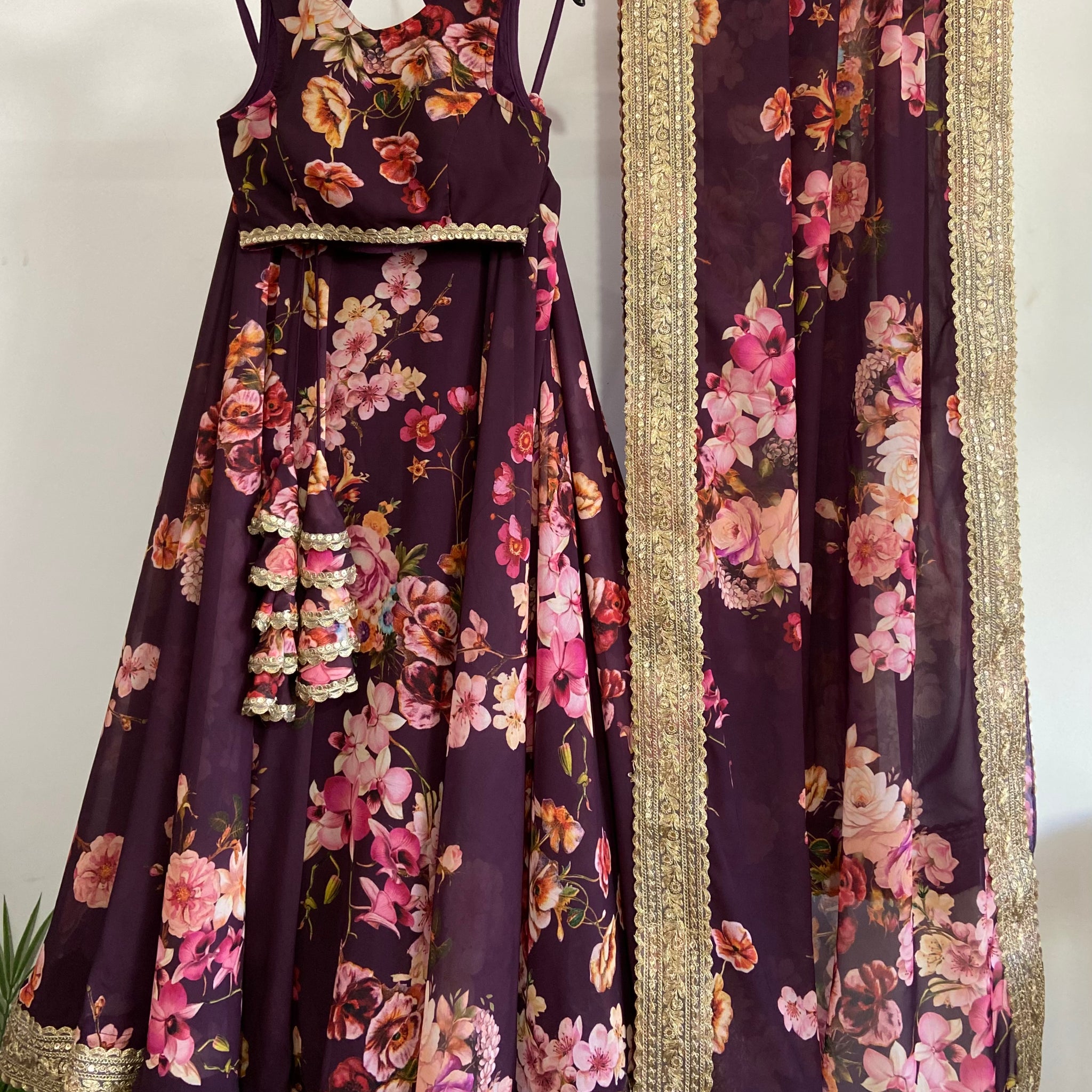 Wine floral georgette lehengas set