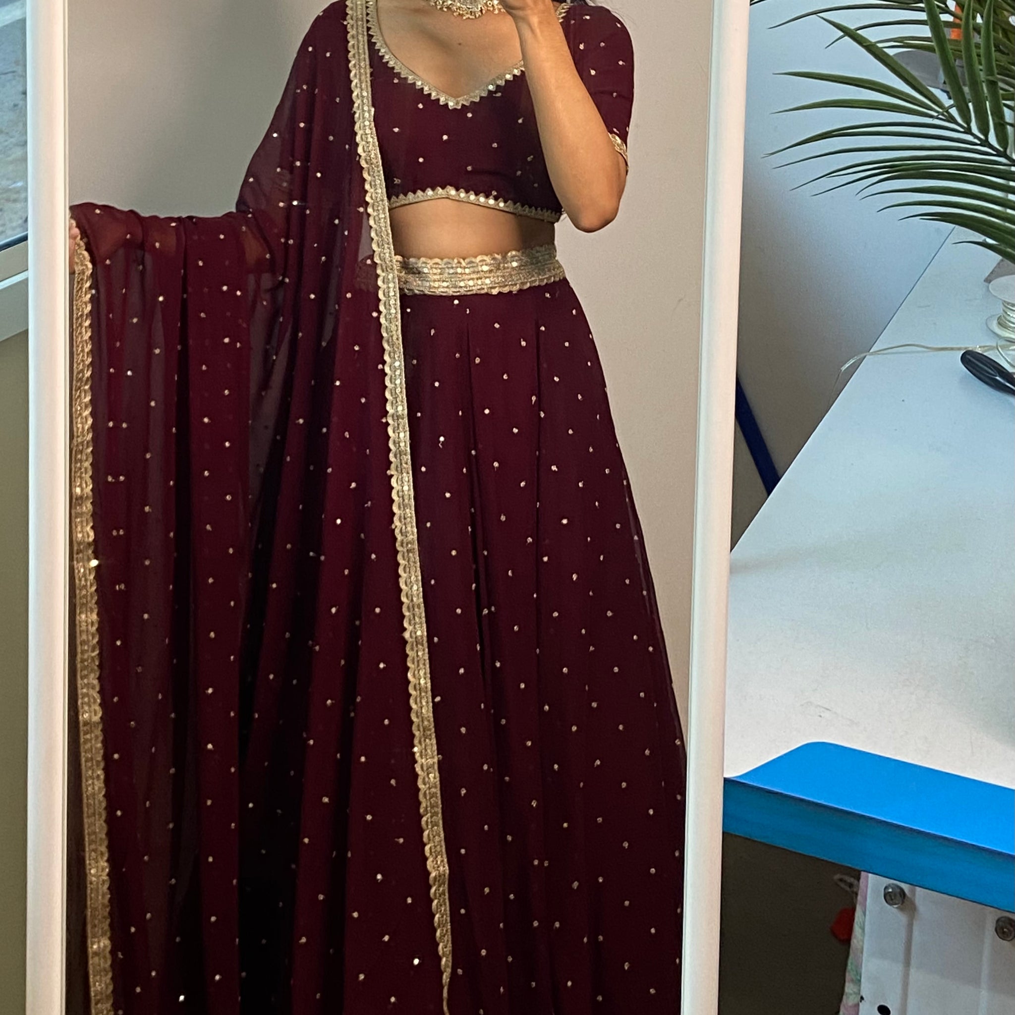 Dark maroon sequinned lehenga set