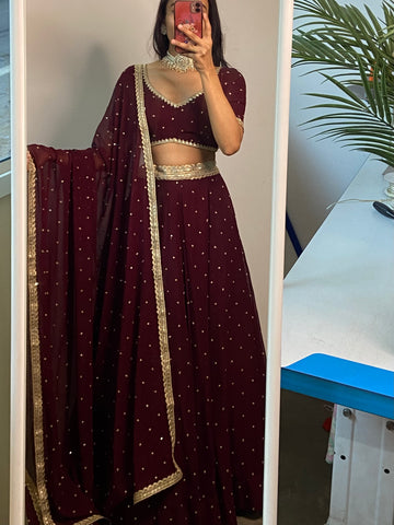 Dark maroon sequinned lehenga set