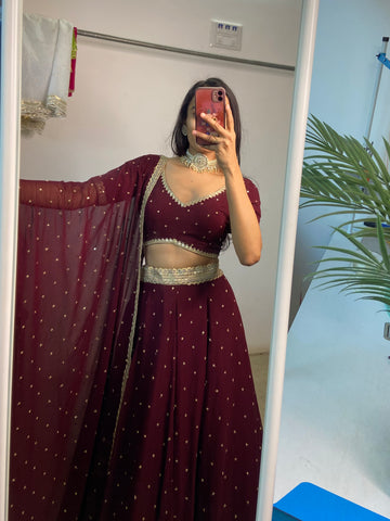 Dark maroon sequinned lehenga set