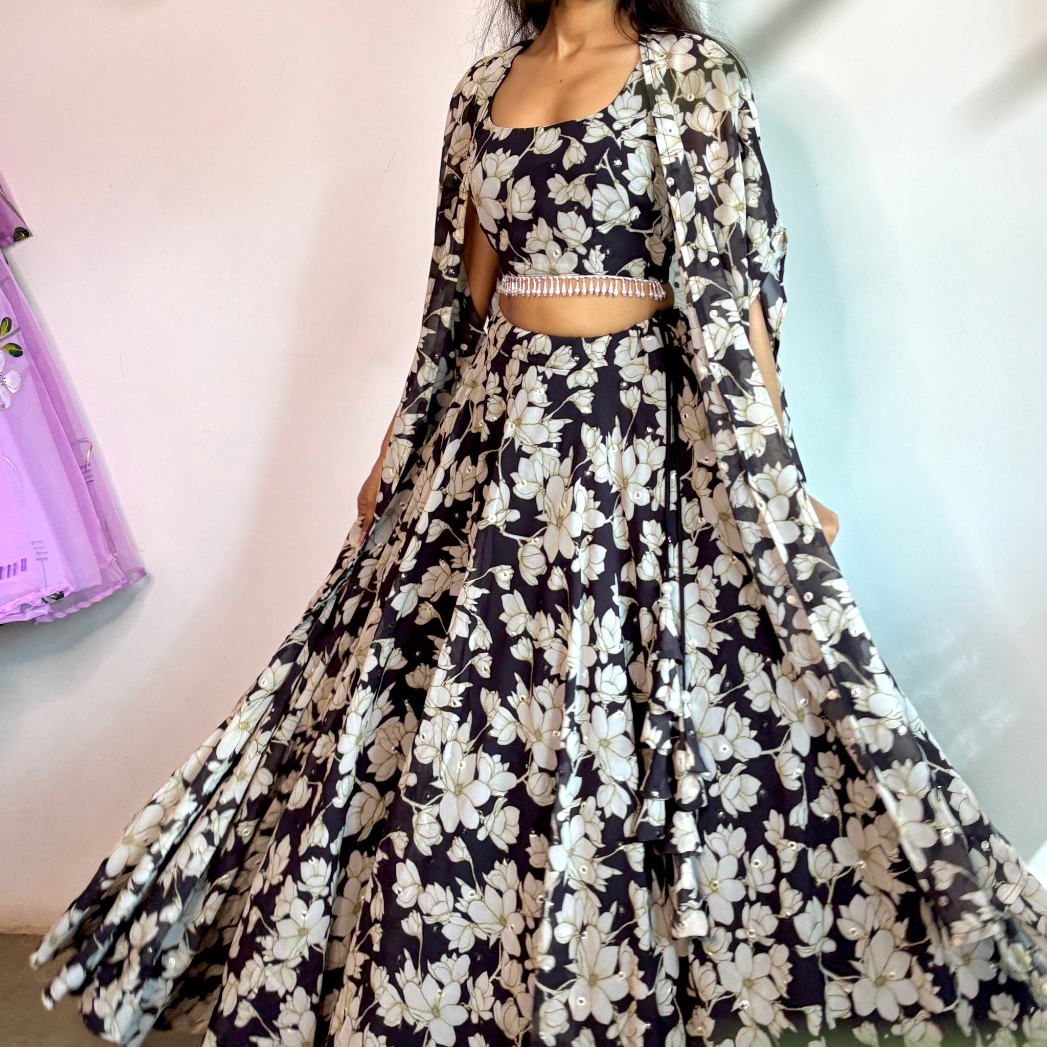 Black floral georgette lehenga set with cape