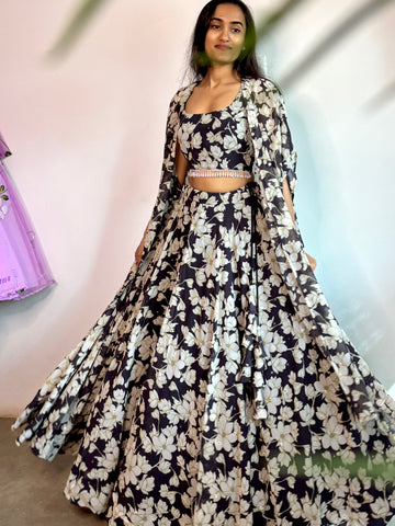 Black floral georgette lehenga set with cape