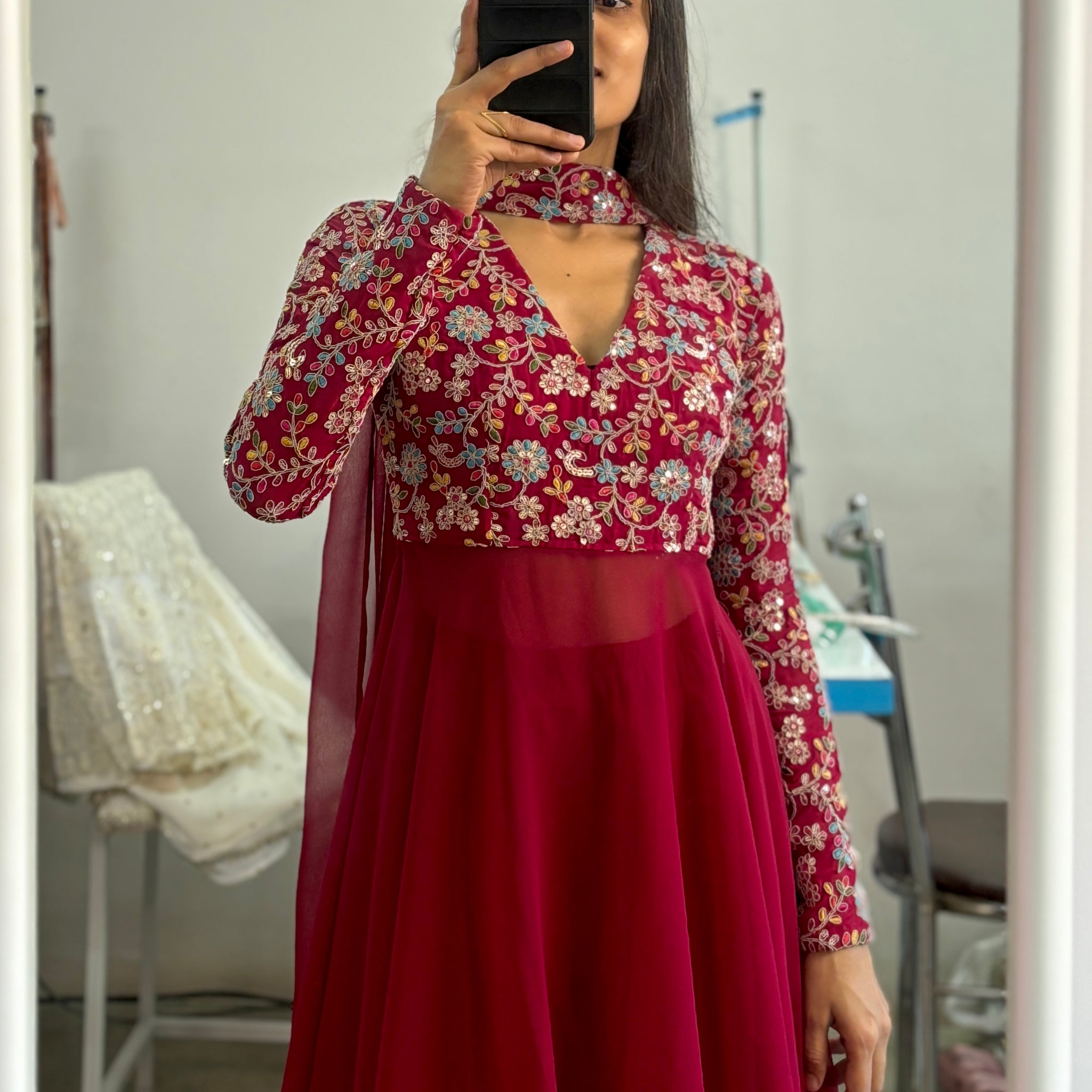 Magenta pink embroidered Anarkali set