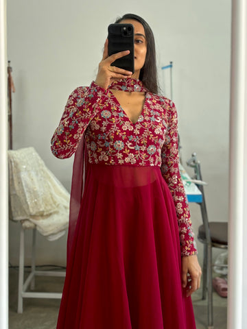 Magenta pink embroidered Anarkali set