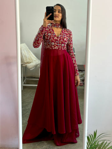 Magenta pink embroidered Anarkali set