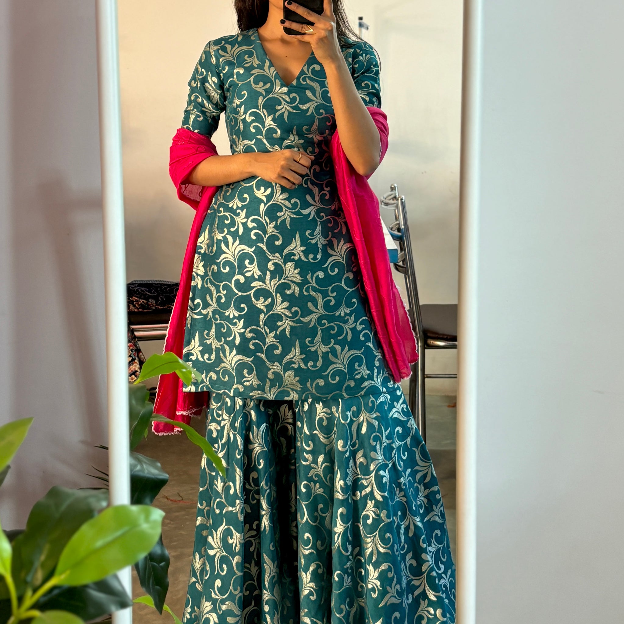 Teal dola silk kurta sharara set