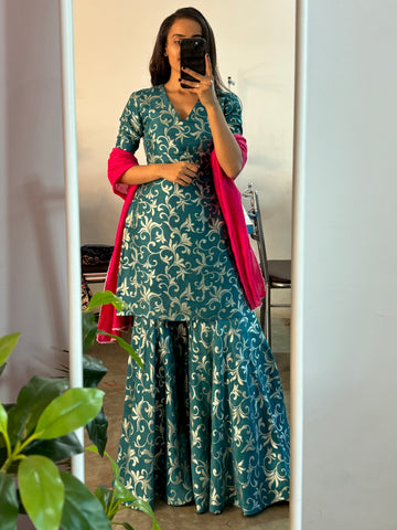 Teal dola silk kurta sharara set