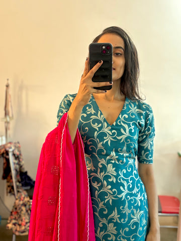 Teal dola silk kurta sharara set