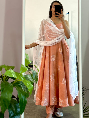 Peach batik print chanderi anarkali set