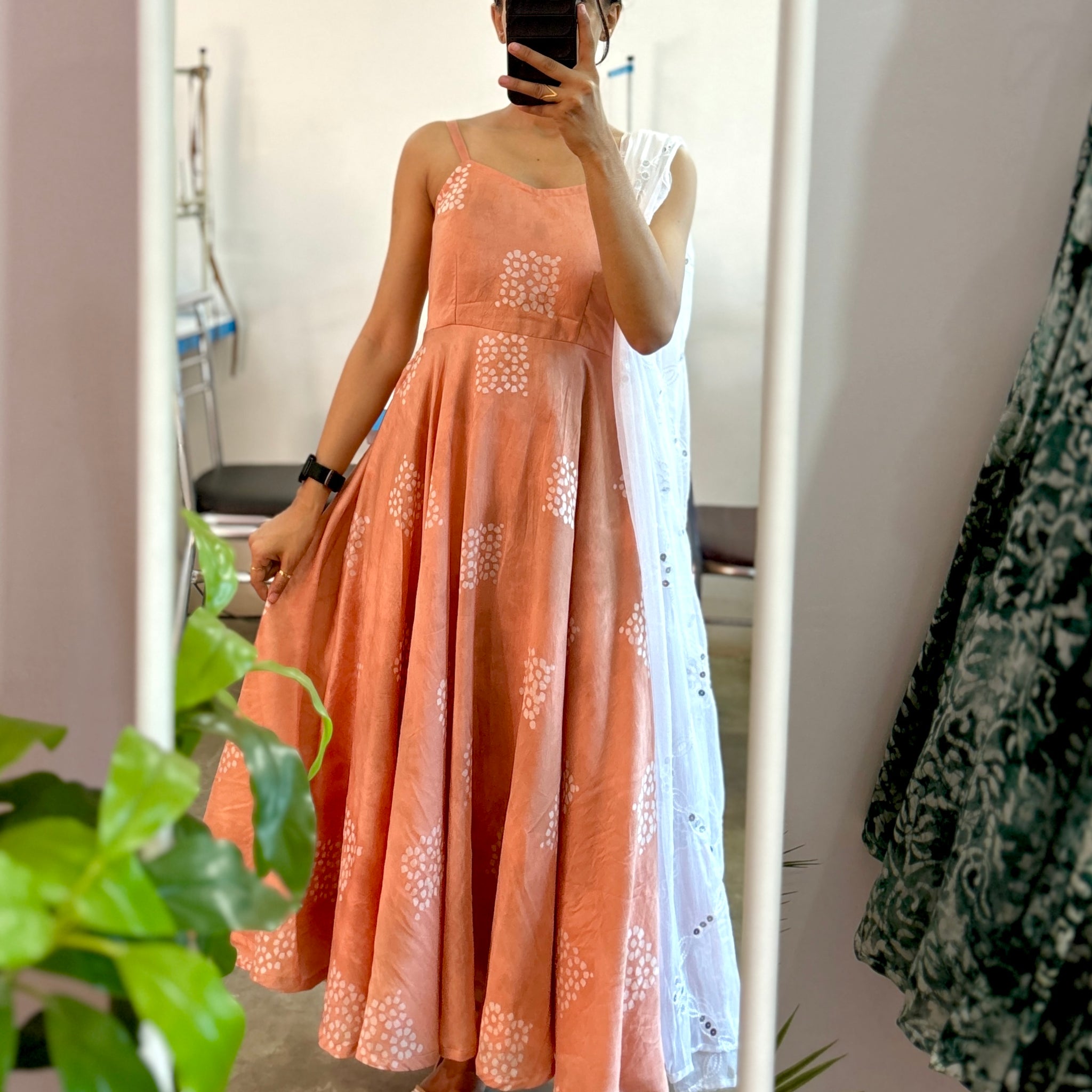 Peach batik print chanderi anarkali set