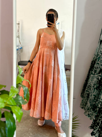 Peach batik print chanderi anarkali set