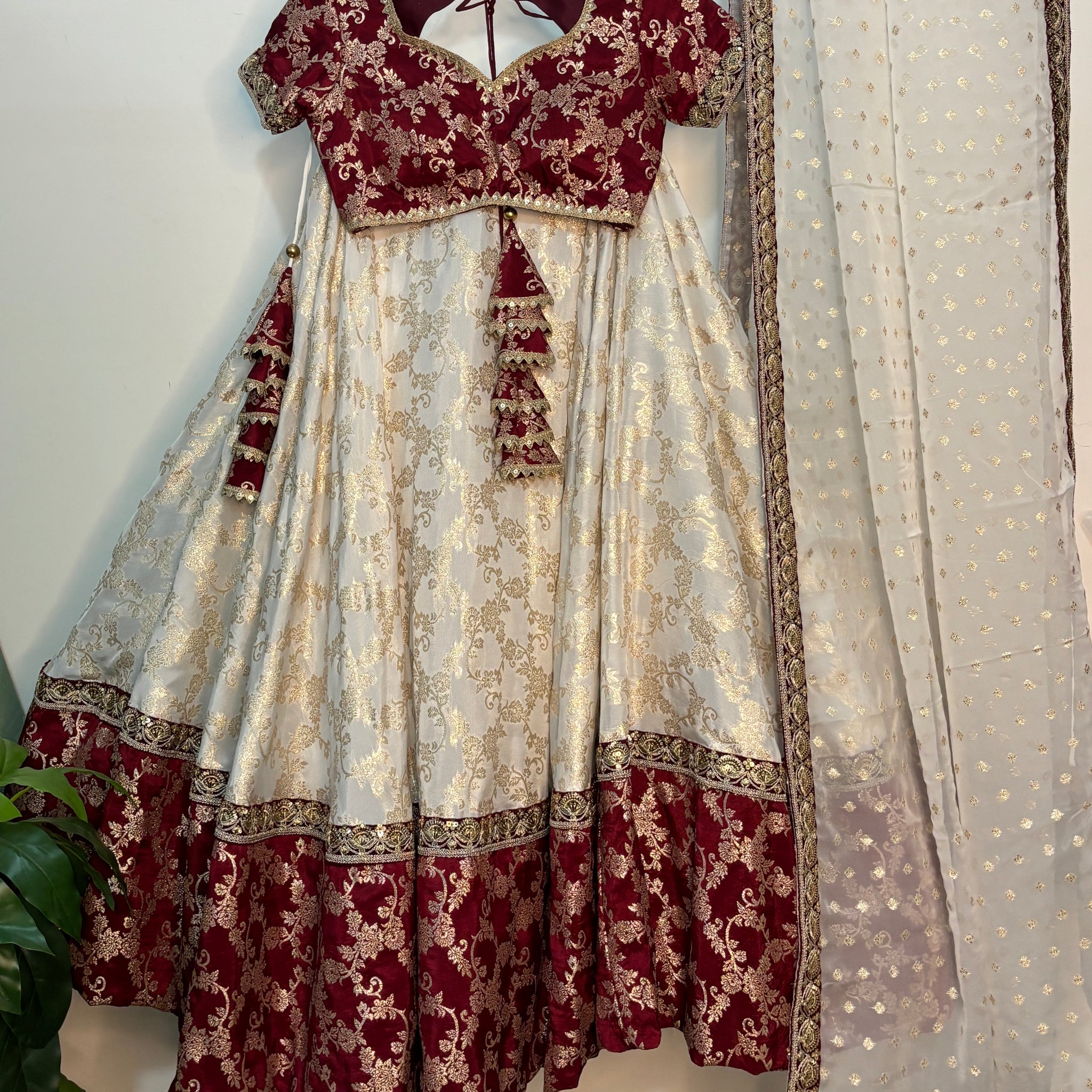 White and maroon silk lehenga set