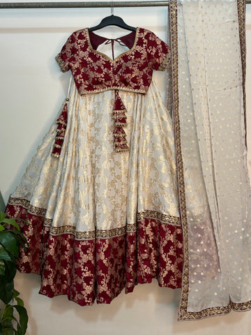 White and maroon silk lehenga set