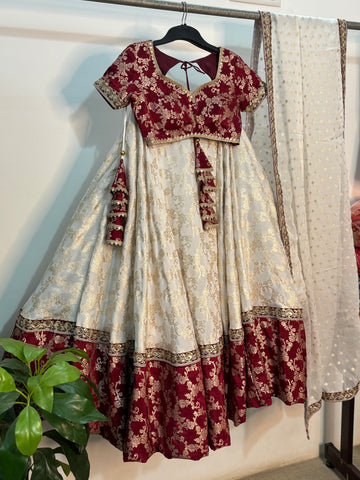 White and maroon silk lehenga set