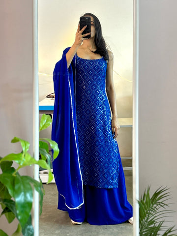 Royal blue embroidered palazzo suit set