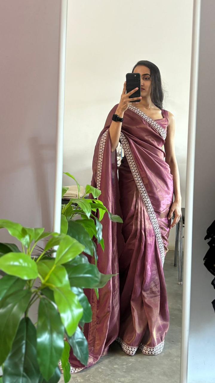 Tissue wine  predraped saree with borders