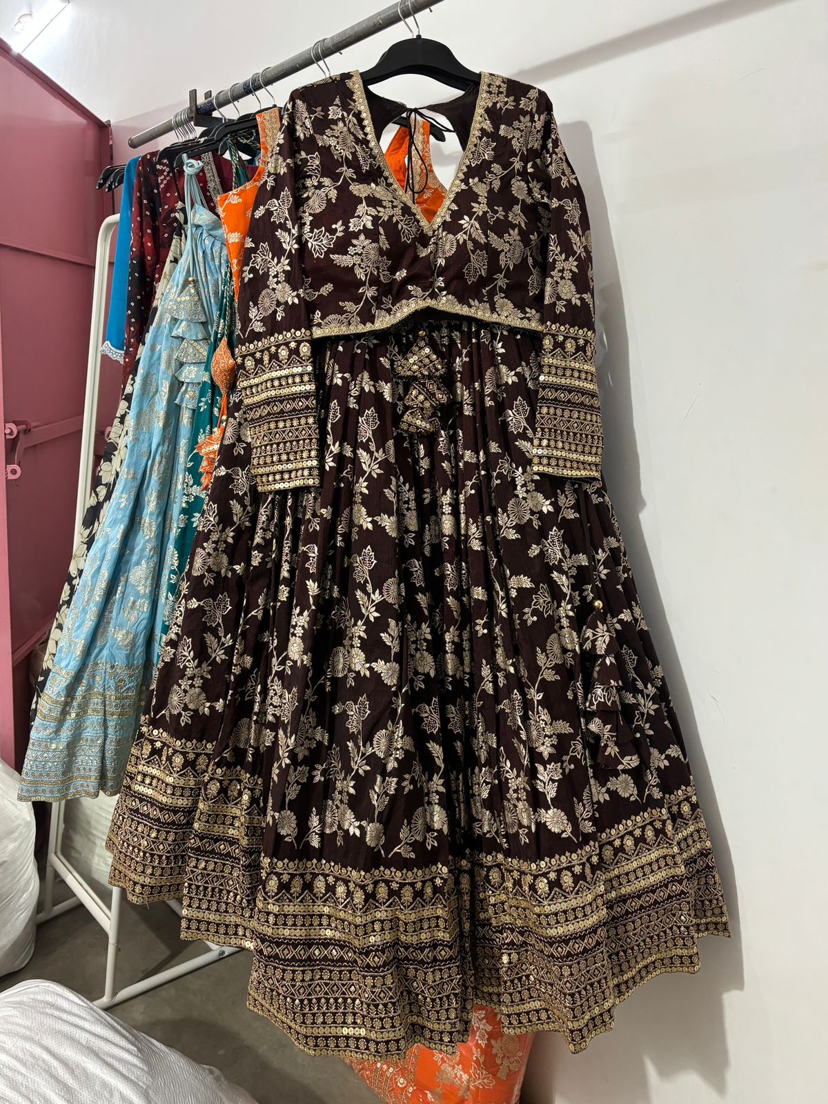 Dark brown Banarasi lehenga set